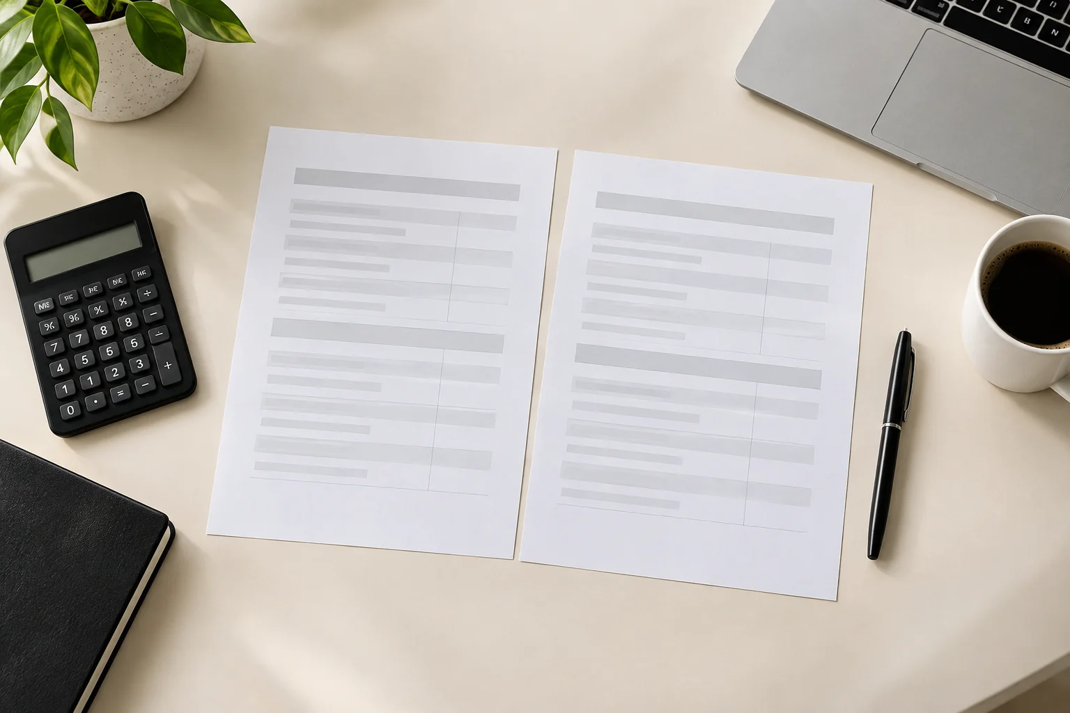 Calculator, pen and two comparison sheets beside a laptop on a cream table.