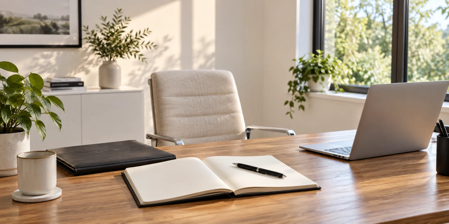 Open notebook, black pen and laptop prepared for a first day at a new desk.