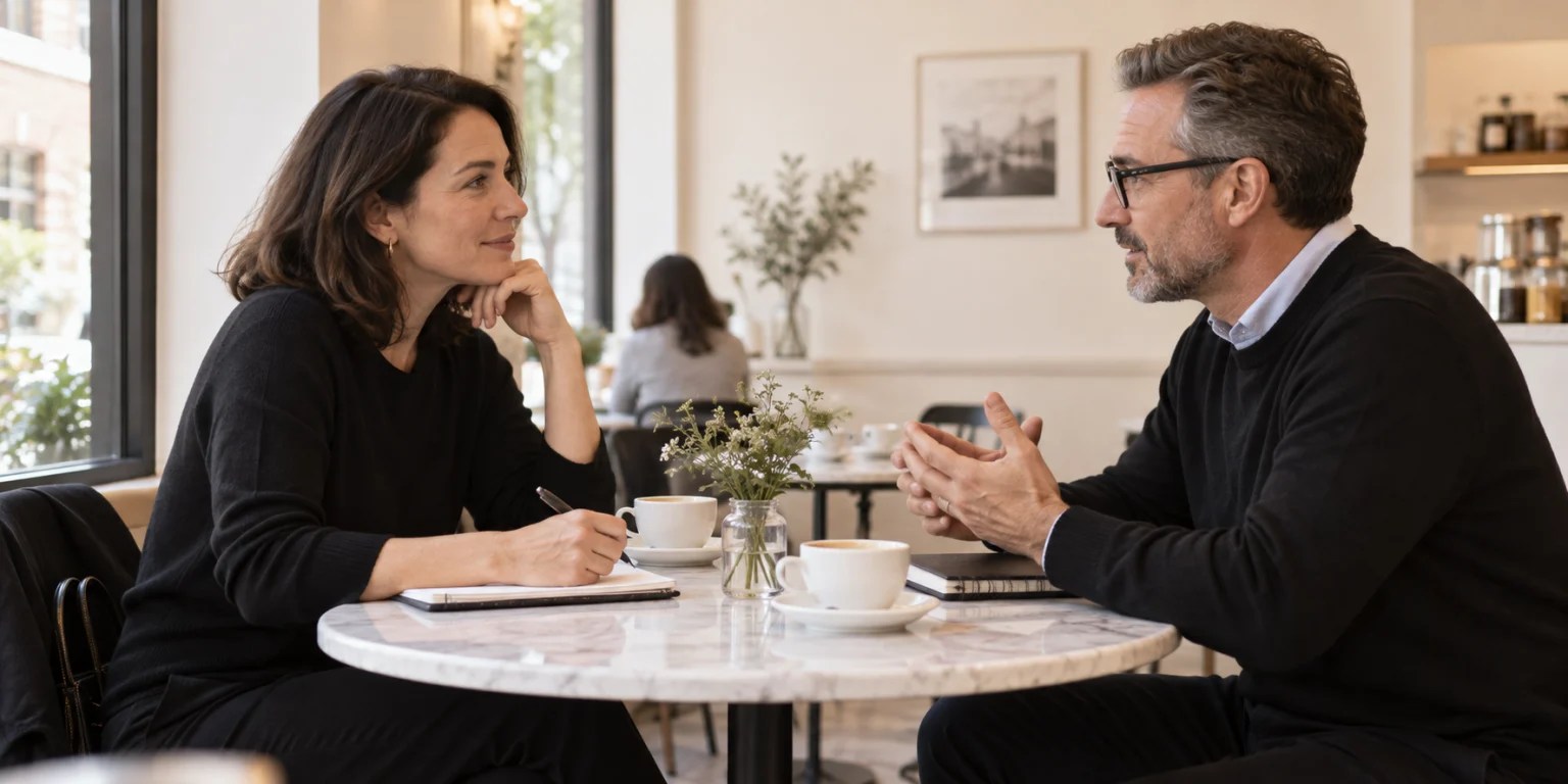 Two people talking across a small table with notebooks and coffee cups.