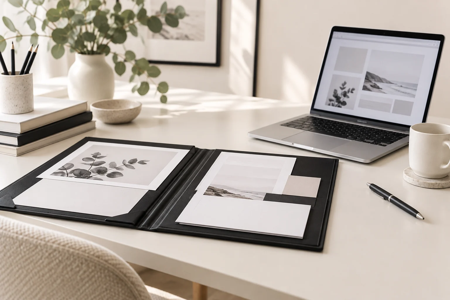 Open portfolio folder and laptop displaying sample layouts on a cream desk.