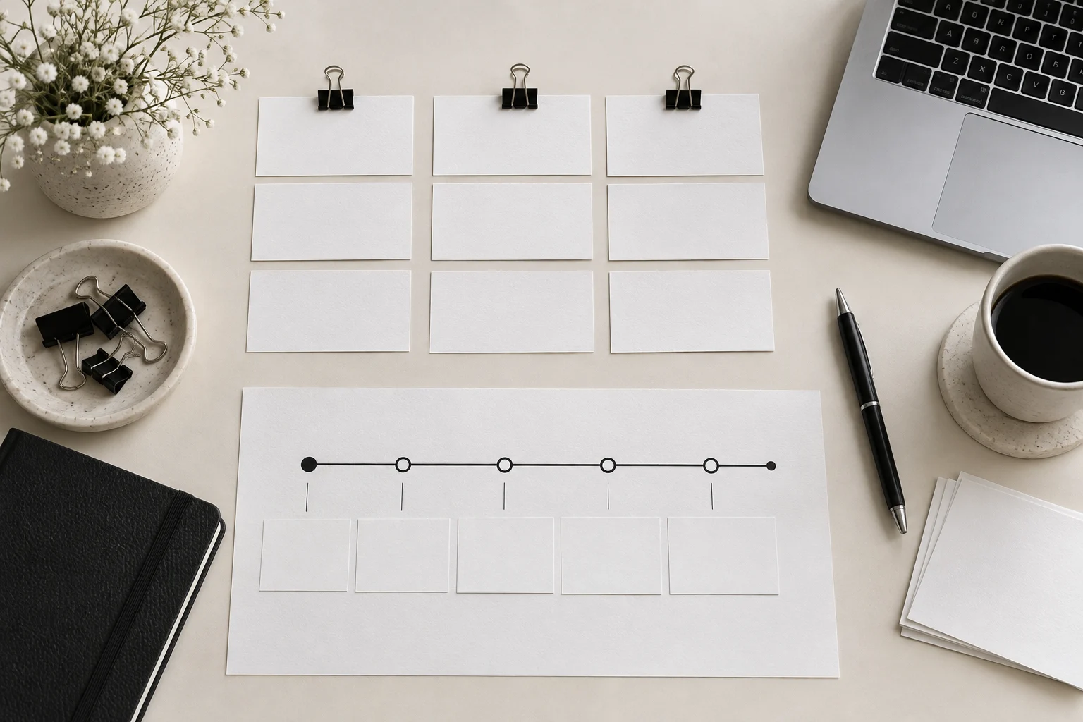 White planning cards, a paper timeline and a laptop arranged on a cream desk.