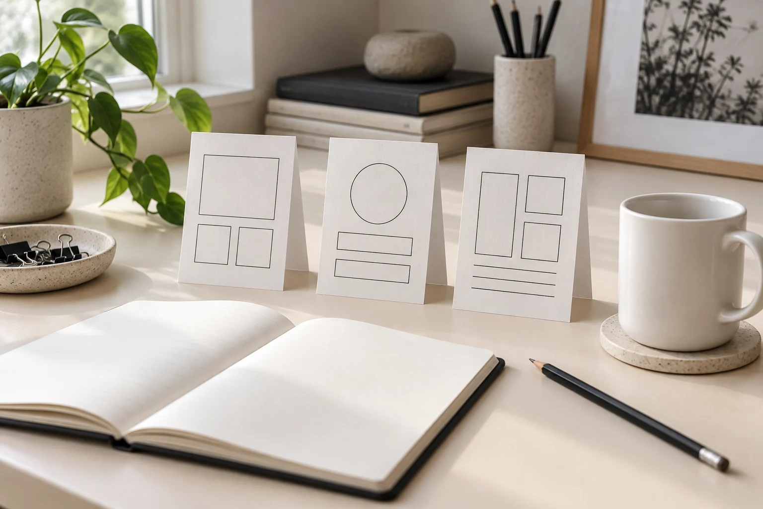 Simple paper prototype cards and an open notebook on a softly lit cream desk.