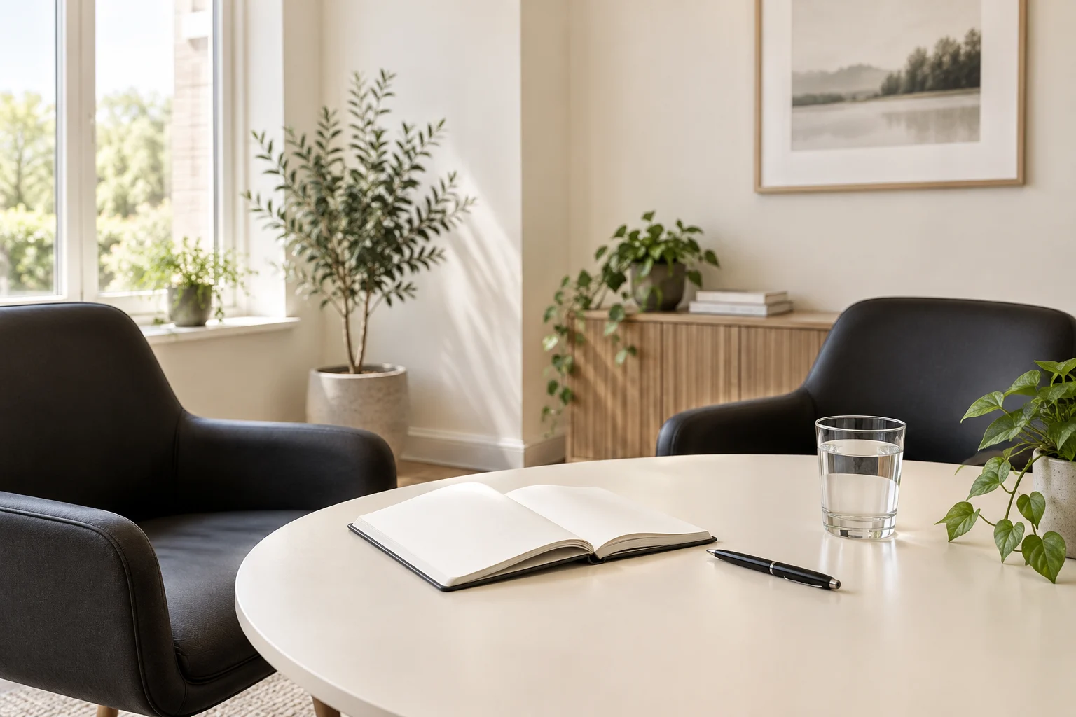 Notebook and two chairs arranged for a conversation in a light cream office.