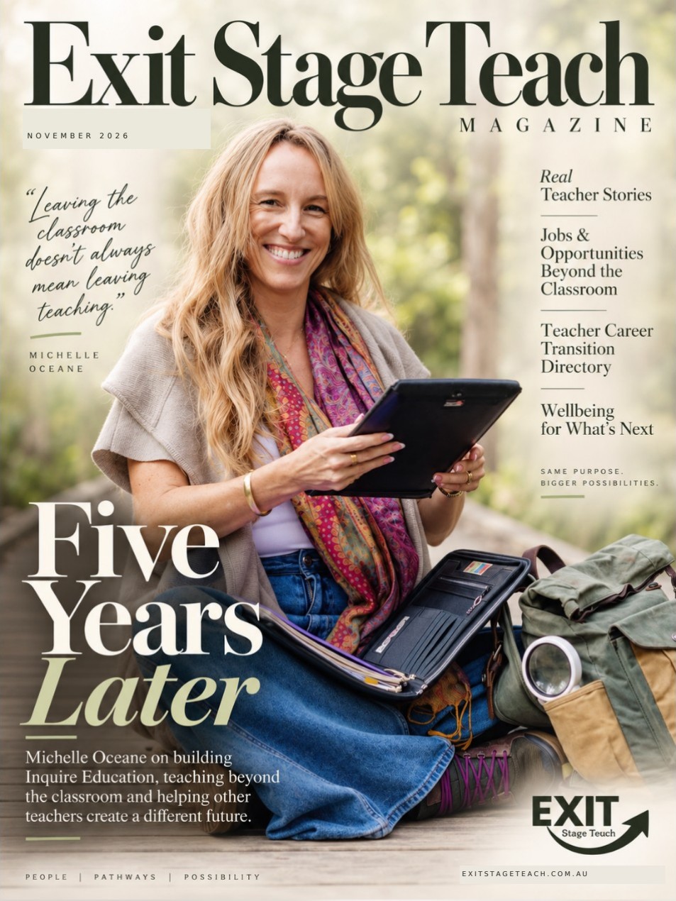 November 2026 Exit Stage Teach Magazine cover featuring Michelle Oceane and Five Years Later